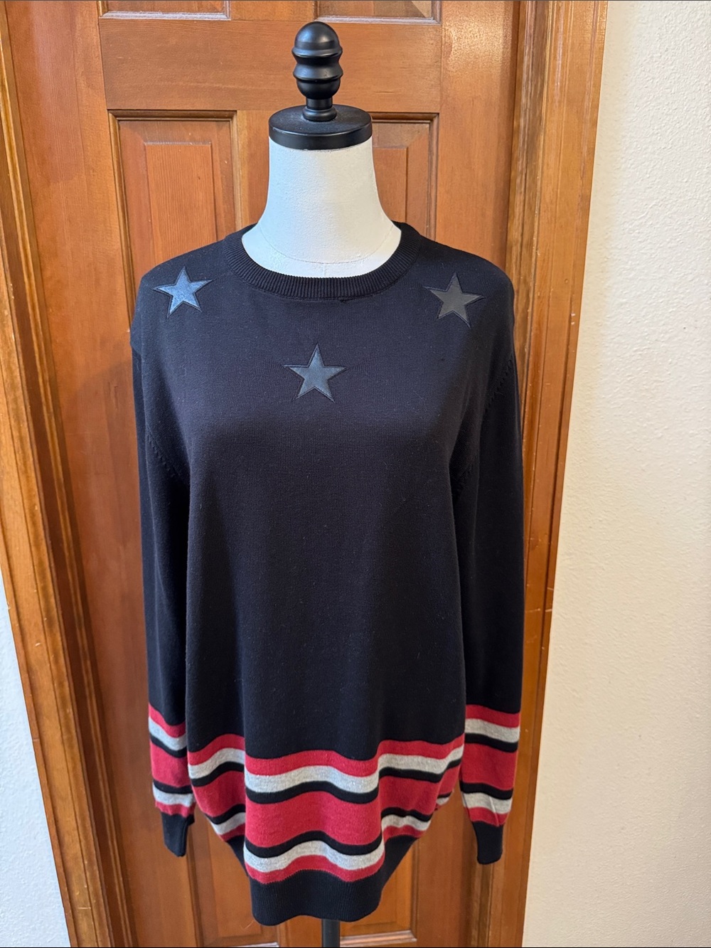 Givenchy Black Crewneck Sweater with Red & White Stripes and Star Accents